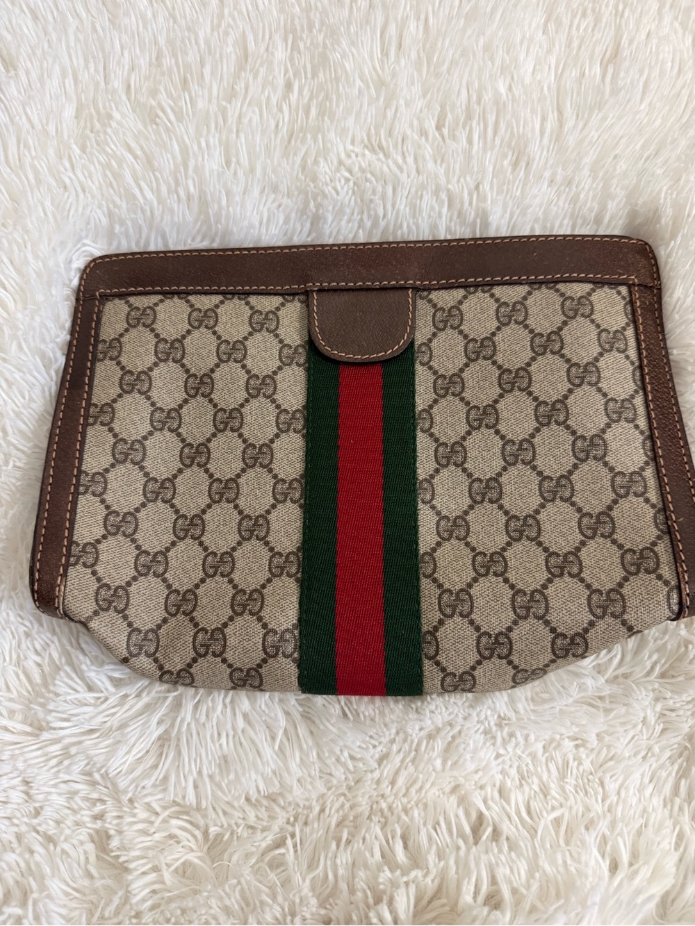 Gucci Beige GG Canvas Clutch with Green and Red Web Stripe